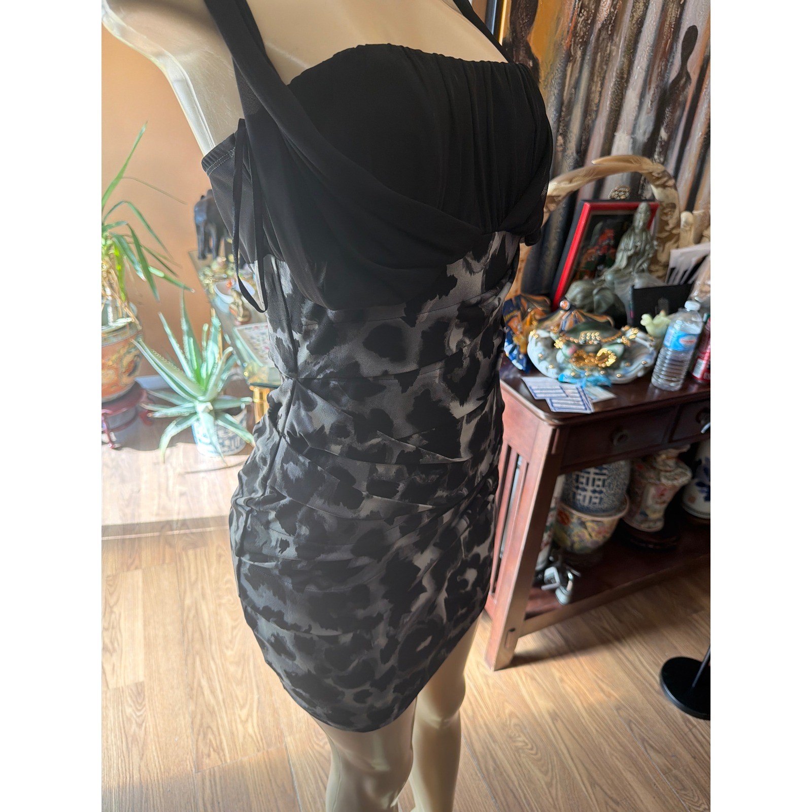 Black Ruched Bodycon Mini Dress Grey Animal Print Sleeveless Cocktail Dress