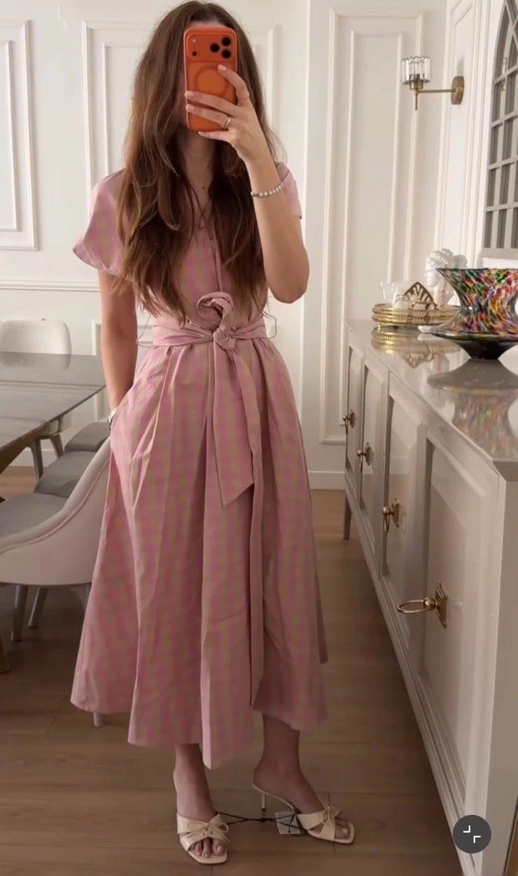 ZARA NEW WOMAN BELTED MIDI CHECK POPLIN DRESS ZW PINK 4786/064/620 Size S