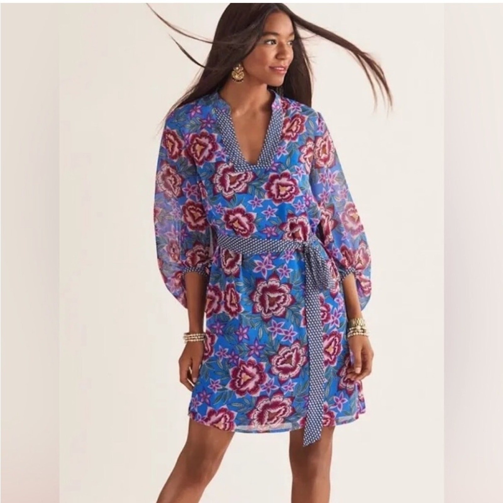 Cabi Primrose blue red pink floral sheer balloon sleeve dress size Small #5612