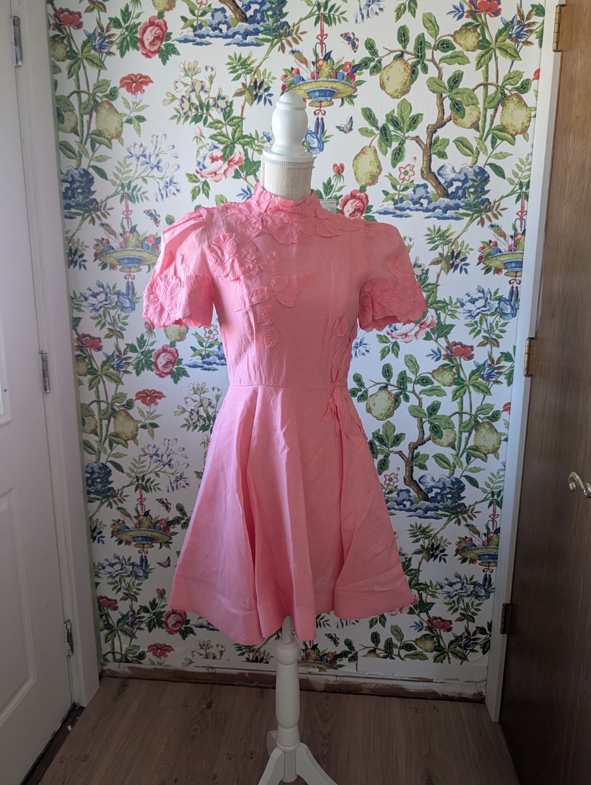 Antonio Melani Pink Iris Linen Mock Neck Mini 3D Floral Dress