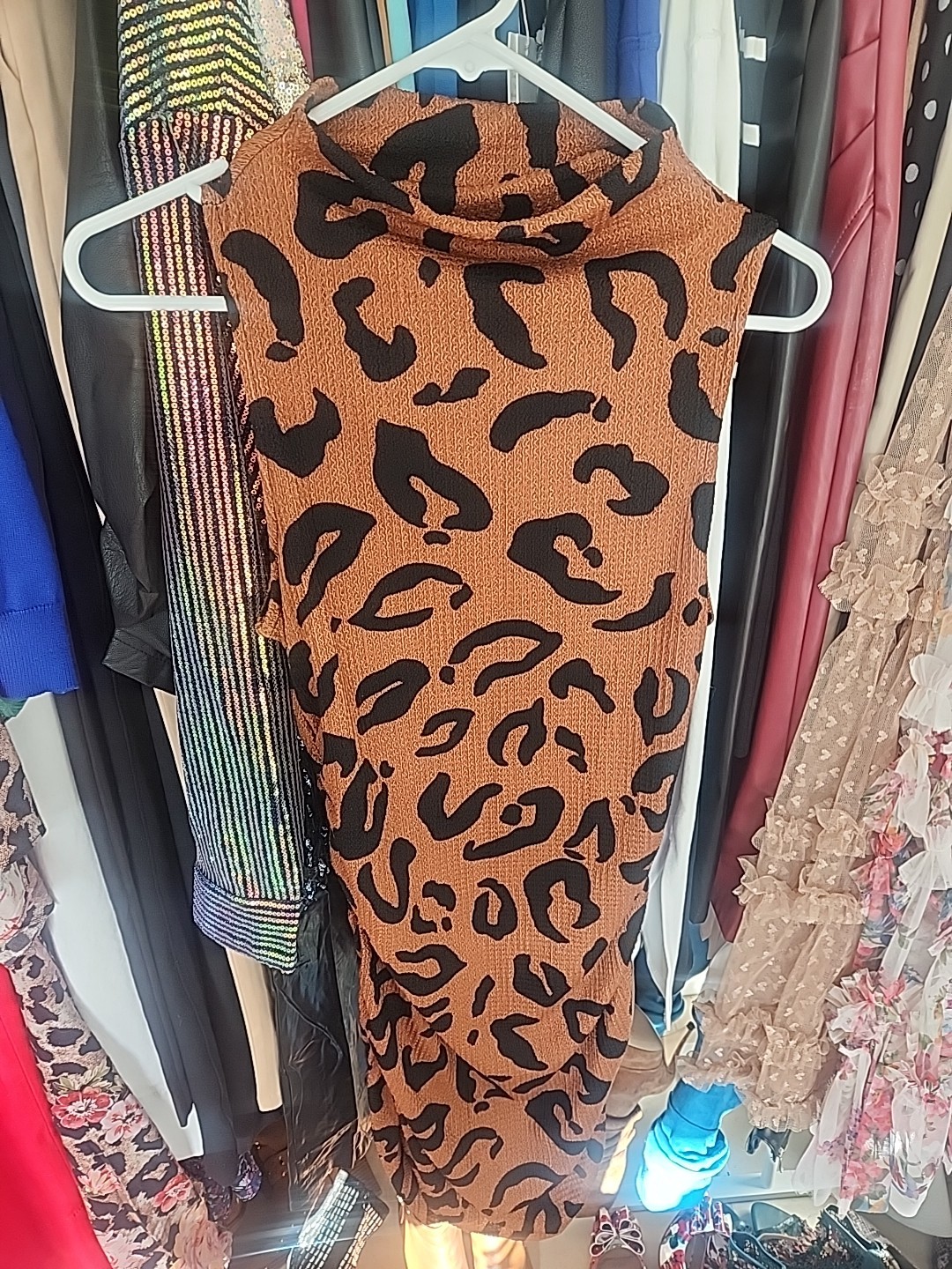 NWOT Sash & Soul Brown Leopard Print Sleeveless Ruched Bodycon Midi Dress Sz Sm