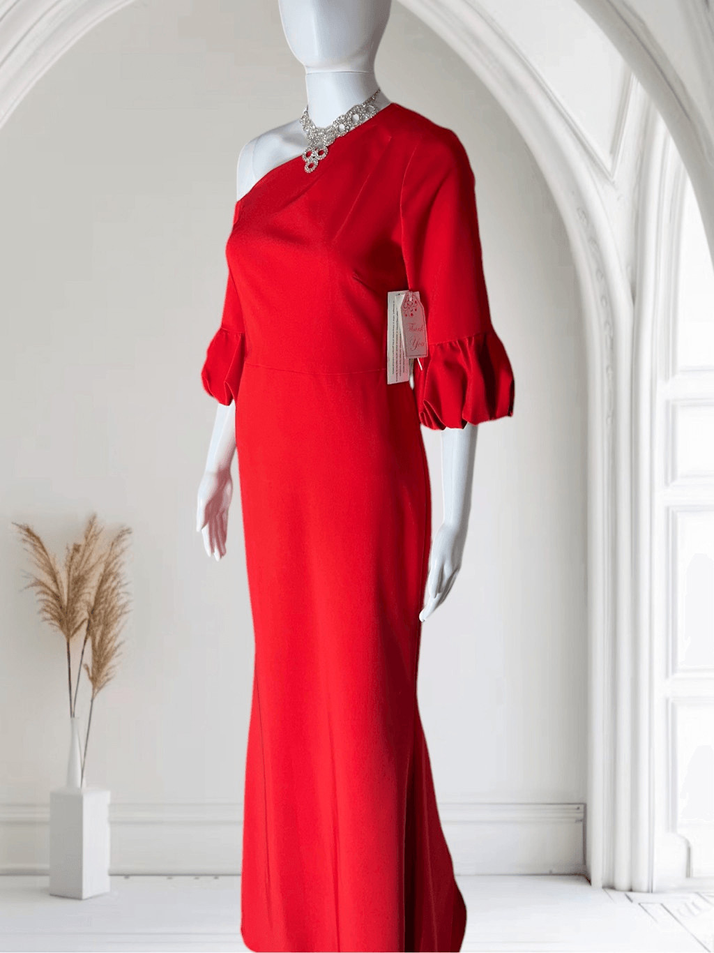Aidan Mattox Asymmetrical Neck Line 3/4 Sleeve Red Gown