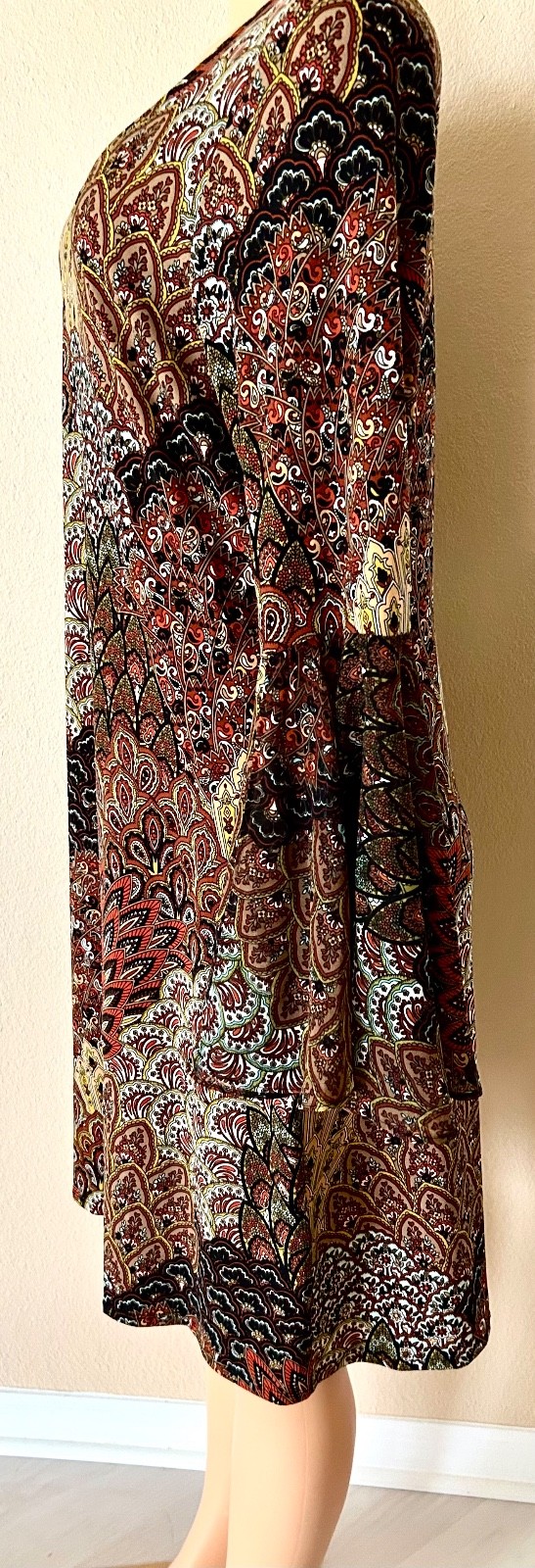 MSK Peacock-print Sheer-Bell-sleeve Multicolor Stretchy-Fabric Shift Dress M
