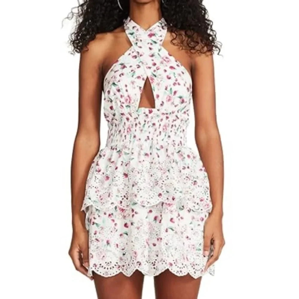 BB Dakota Strawberry Bliss Cotton Halter Mini Dress W/ Eyelet Embroidery Size XS