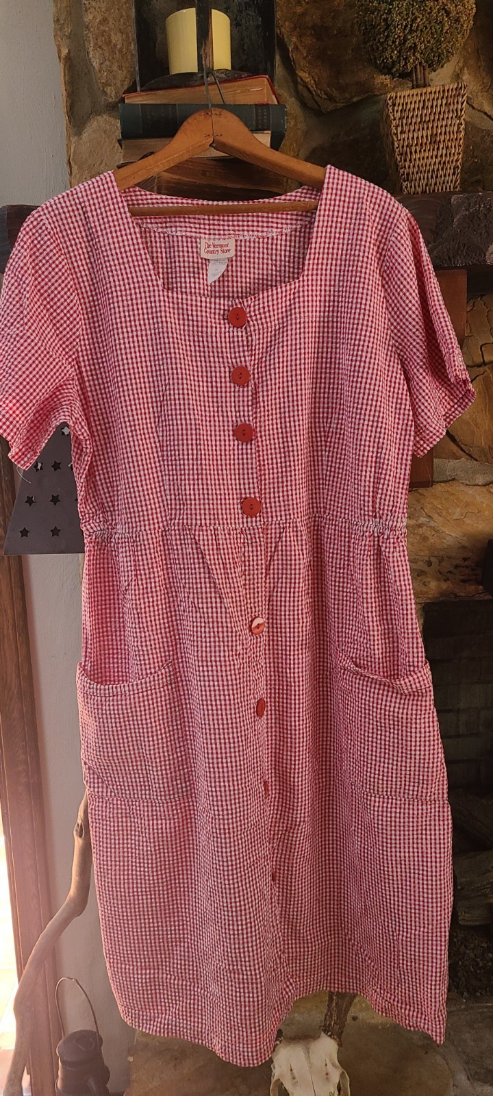 The Vermont Country Store 2X Dress Red Gingham Seersucker Button Front Cotton