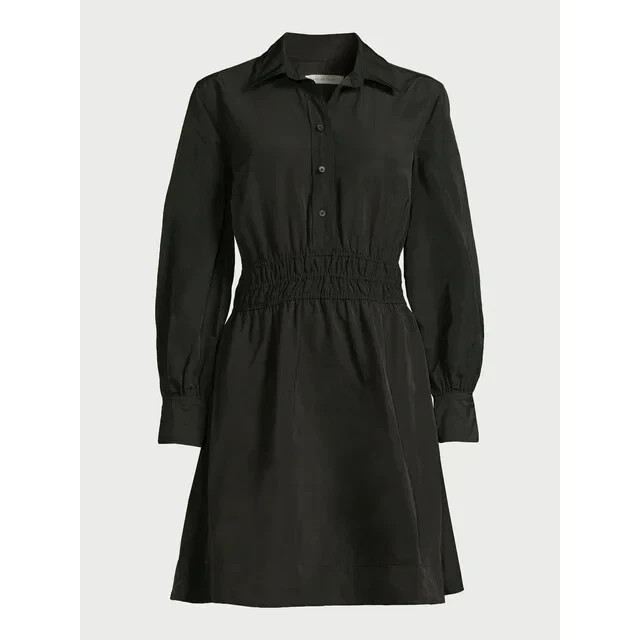 FREE ASSEMBLY – SIZE: S – Black Mini Shirt Dress With Smocked Waist & Pockets!