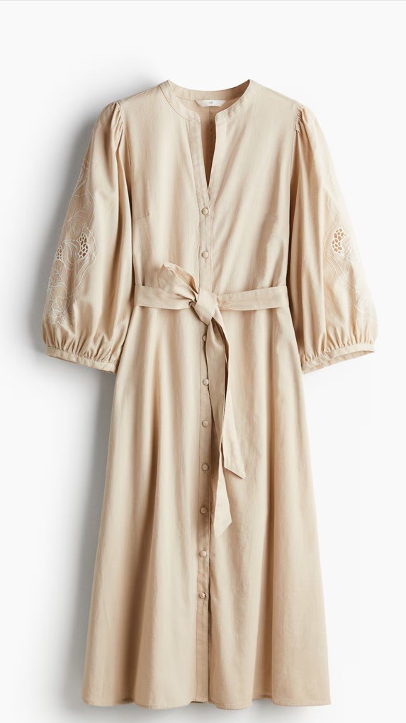 NWT ZARA Embroidered Midi Dress Ballon Sleeve Light Beige Size XL