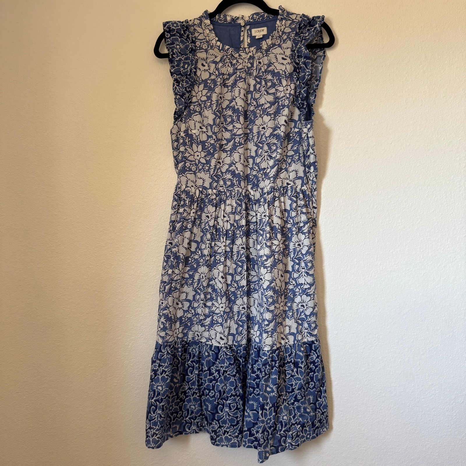 J.Crew Blue Floral Block Print Ruffle Tiered Midi Dress Pockets CA214 Sz 12 NWT