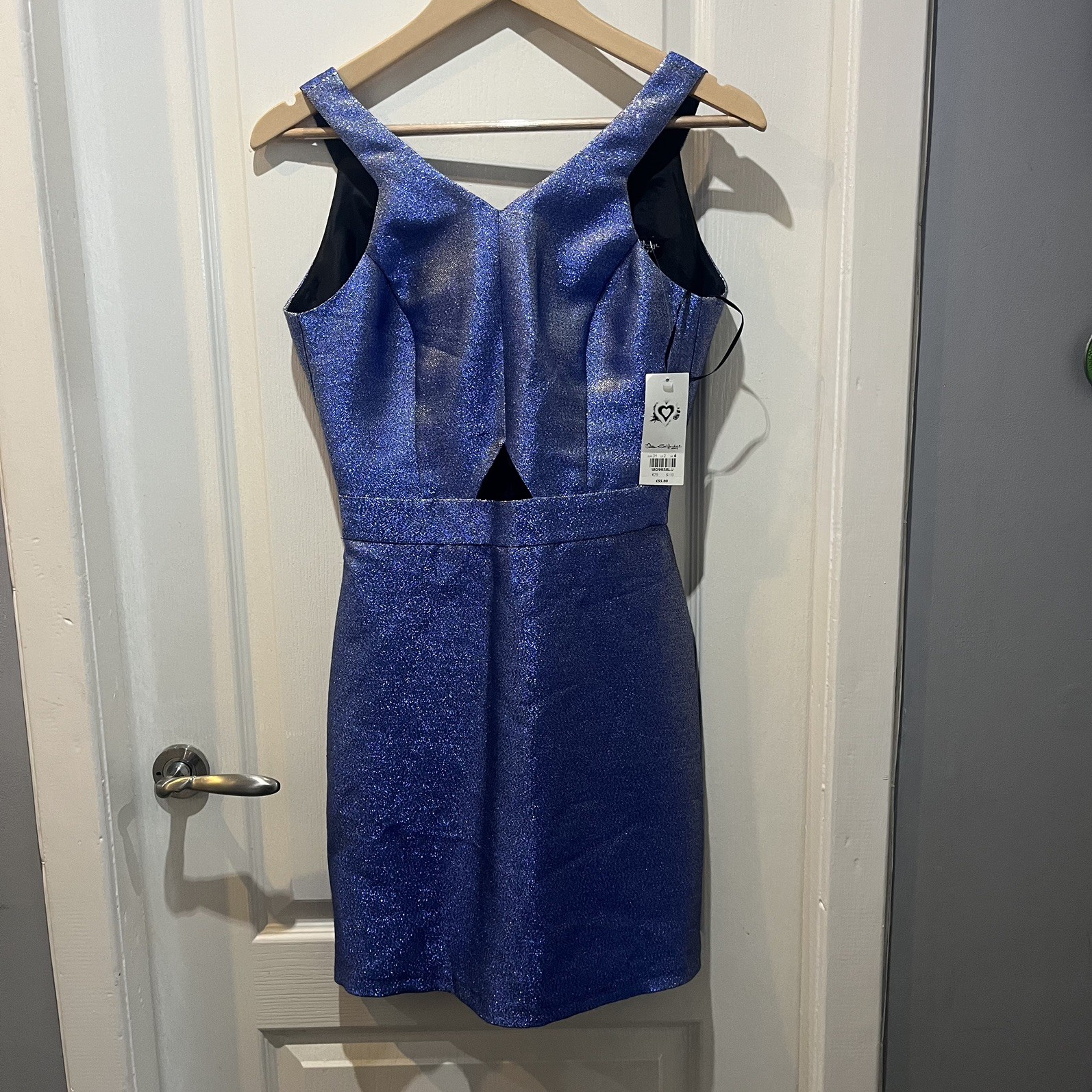MISS SELFRIDGE – Size 6 UK – BLUE METALLISED SPARKLY cut out DRESS rrp was £55