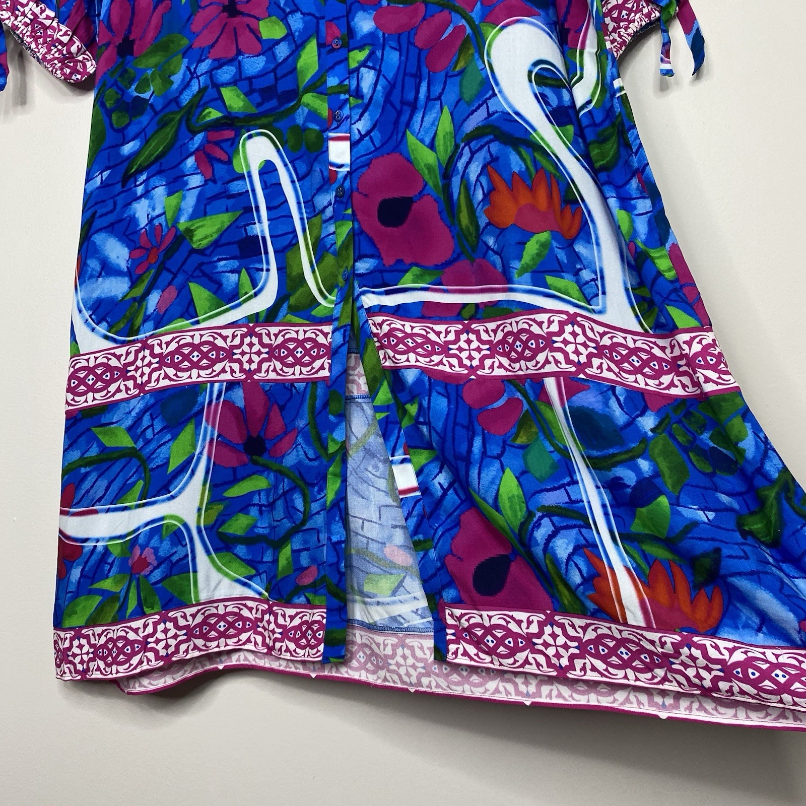 Celina Moon Blue Floral Button Front Midi Dress Pocket Long Sleeve Sz Large