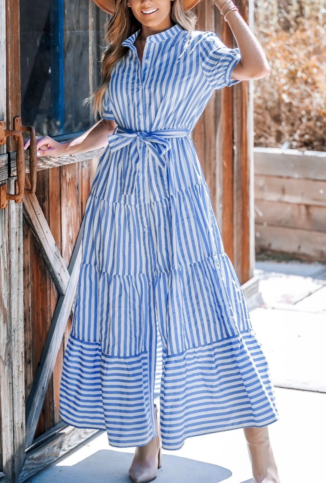 NWT Cupshe Blue Striped Puff Sleeve Front Button Maxi Dress – Size: Small