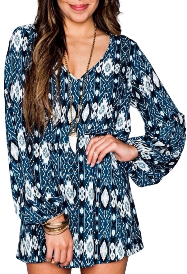 Show Me Your MuMu Mini Dress Womens S Aztec Print Blue White Hobo Party Hippie