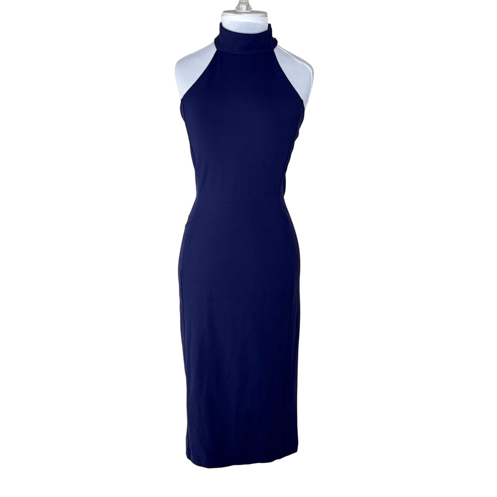 bebe Midi Dress Womens Medium Mock Neck Strappy Back Navy Blue Bodycon Formal