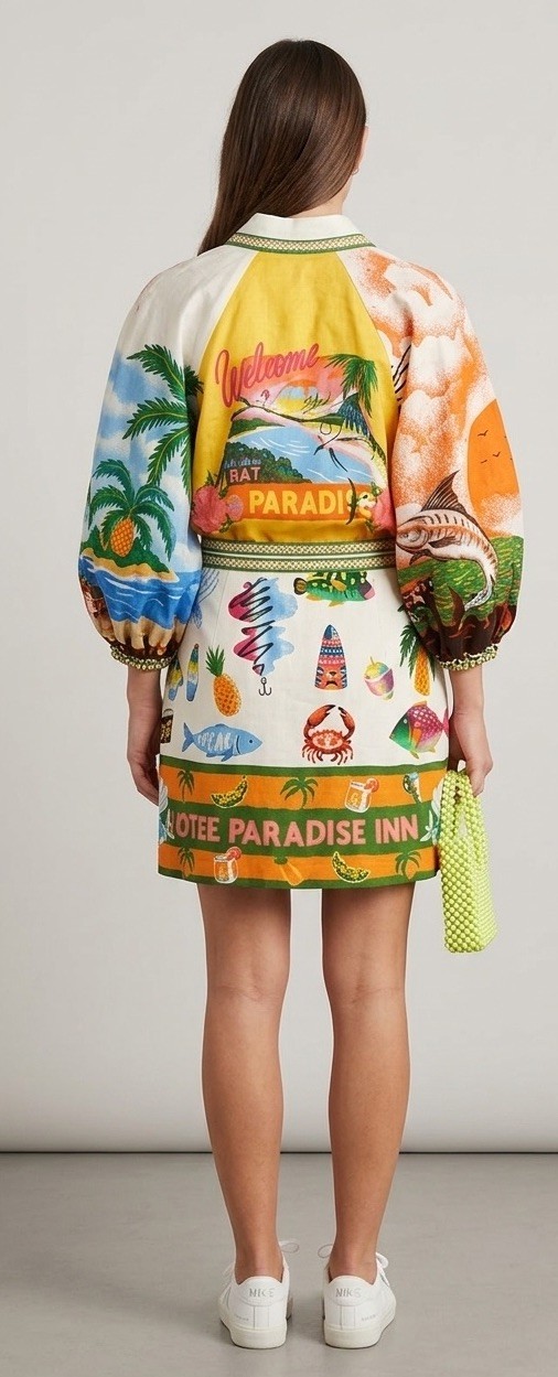 Tropical Patchwork Mini Dress XL Resort Print Designer Inspired Puff Sleeve