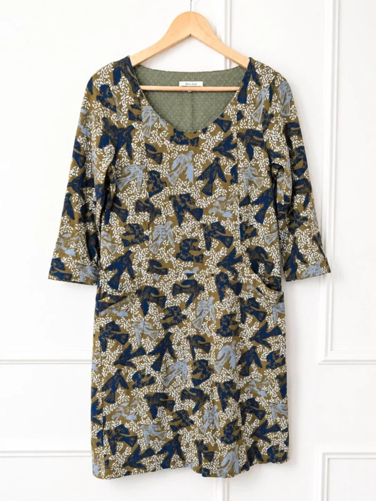 White Stuff Bird Print Tunic Dress UK 12 14 Khaki Olive Pocket Dress Boho