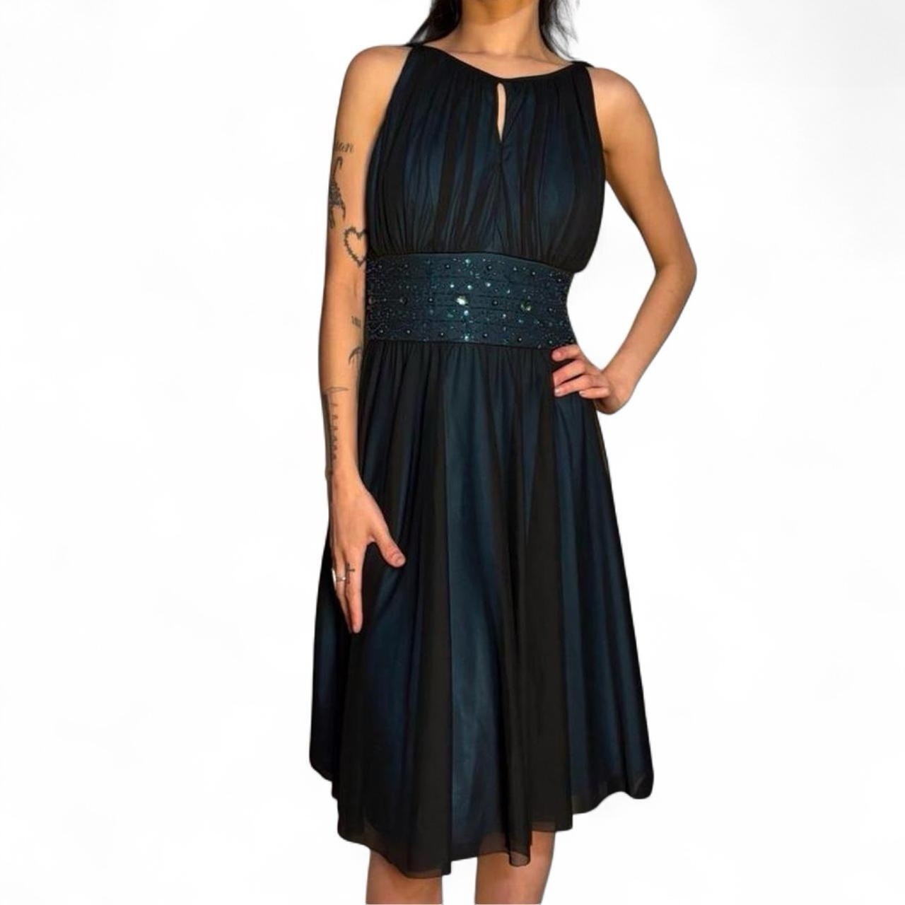 Vintage Jessica Howard Black & Blue Chiffon Dress W Beaded Waist 6P