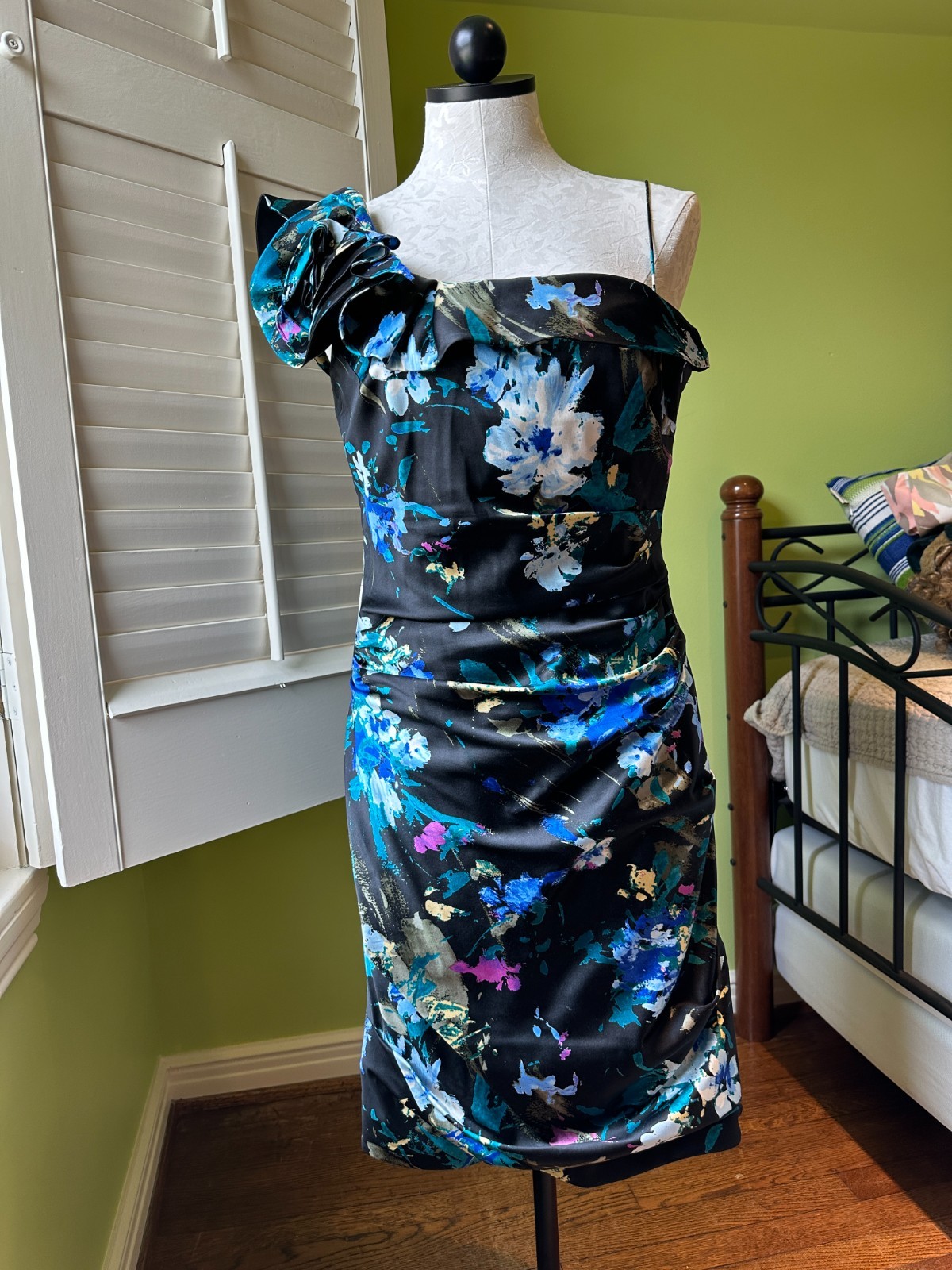 Teri Jon Rickie Freeman One Shoulder Floral Satin Cocktail Dress Size 10