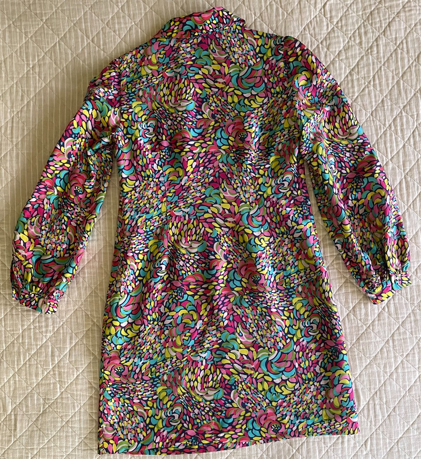 Lilly Pulitzer Blue Pink Yellow Green Red Collared Long Sleeve Silk Dress Size 4