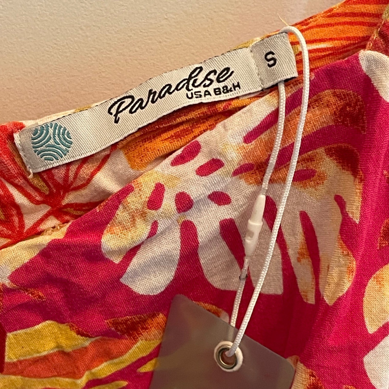 Paradise USA Tropical Leaf Sharkbite Hem Sundress Pink Orange Yellow Small