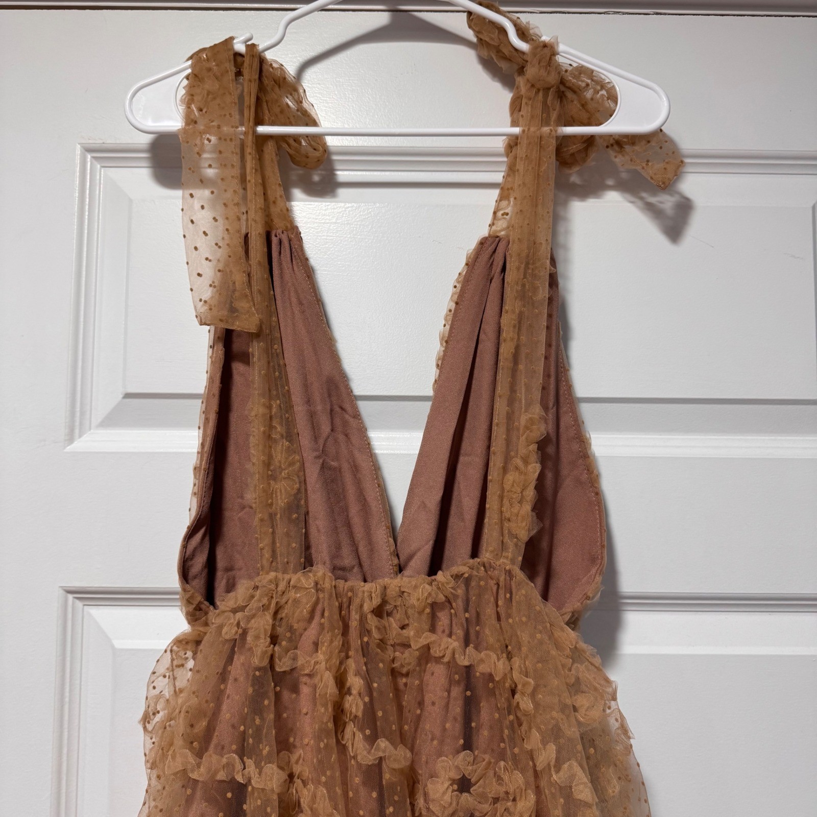 Just Me Tan Tulle Swiss Dot Tiered Ruffle Midi Dress