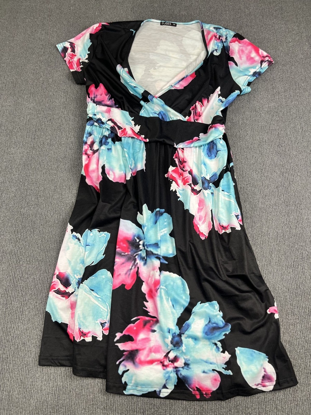 Ouges Womens Floral A-Line Wrap Dress XXL Black With Pink & Blue Flowers NWT