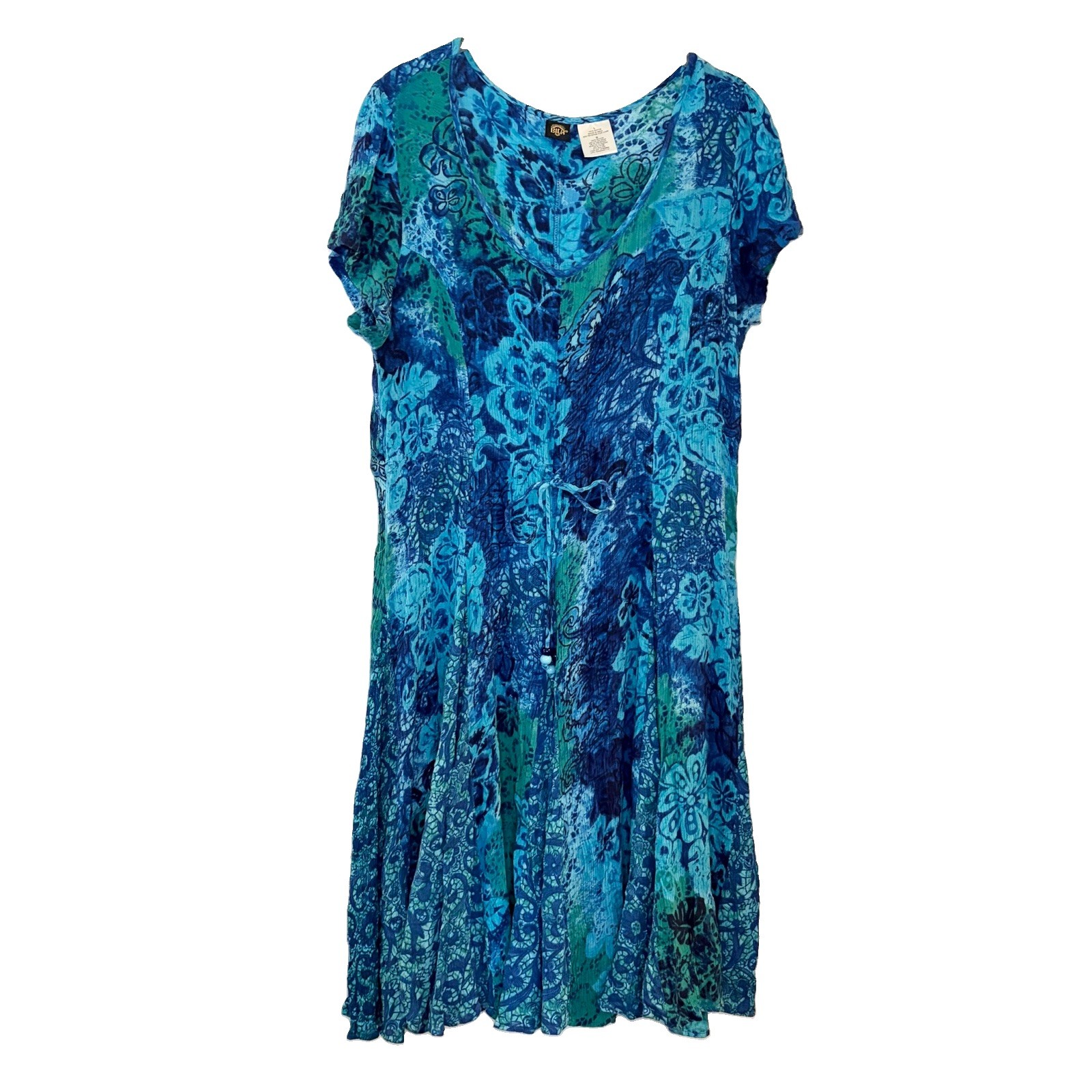 Bila Blue Tie Dye Floral Rayon Mini Dress V-Neck Cap Sleeve Boho Fairy Hippie L