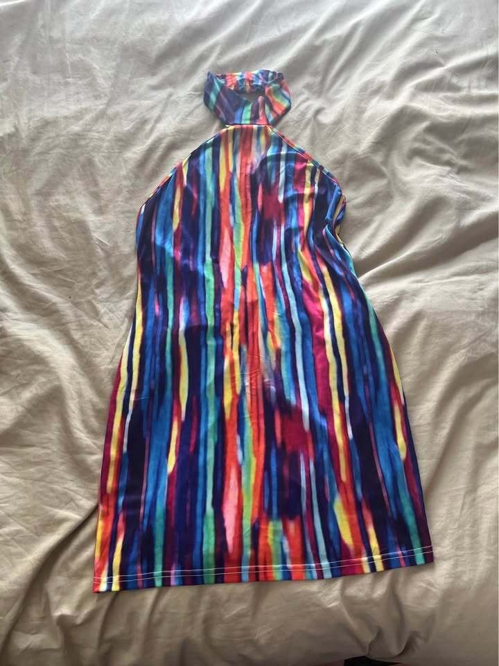 Multi-Color Abstract Print Halter Mini Dress