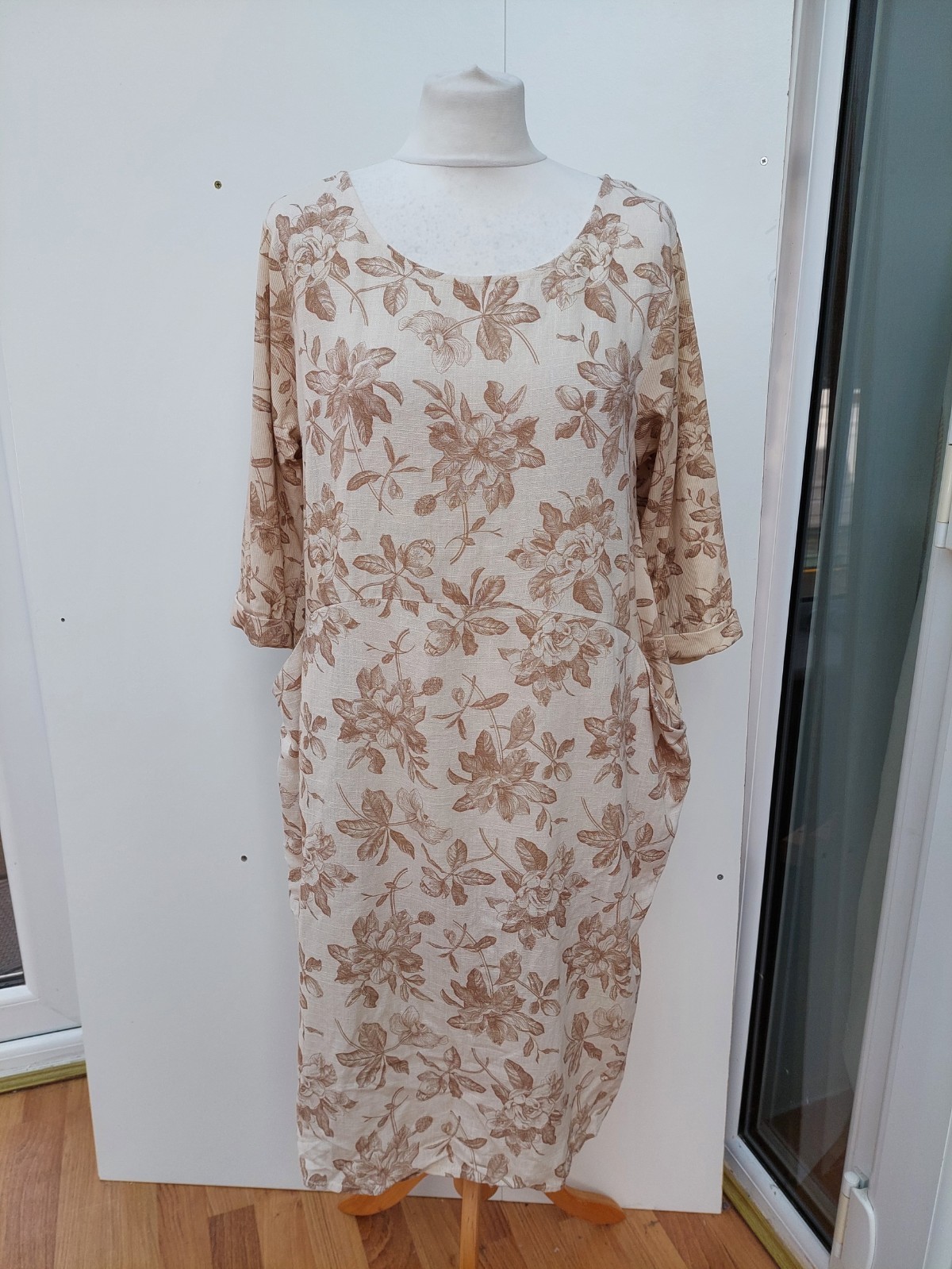Izabel London Dress 3/4 Sleeve Printed Linen Blend With Pockets New bx17 Size 12