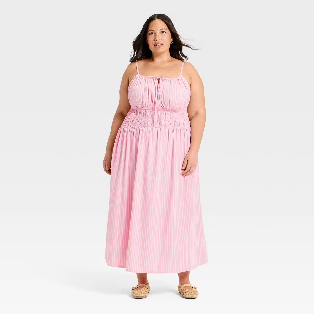 Women Sleeveless Smocked Midi Sundress – Universal Thread Pink Striped XXL