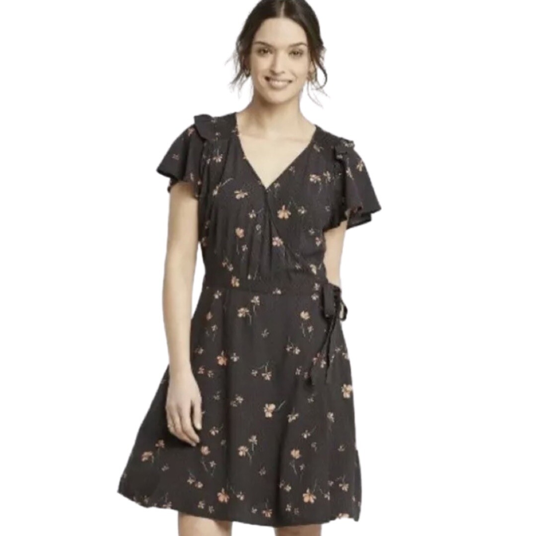 Navy Blue Floral Butterfly Sleeve Spring Wrap Dress