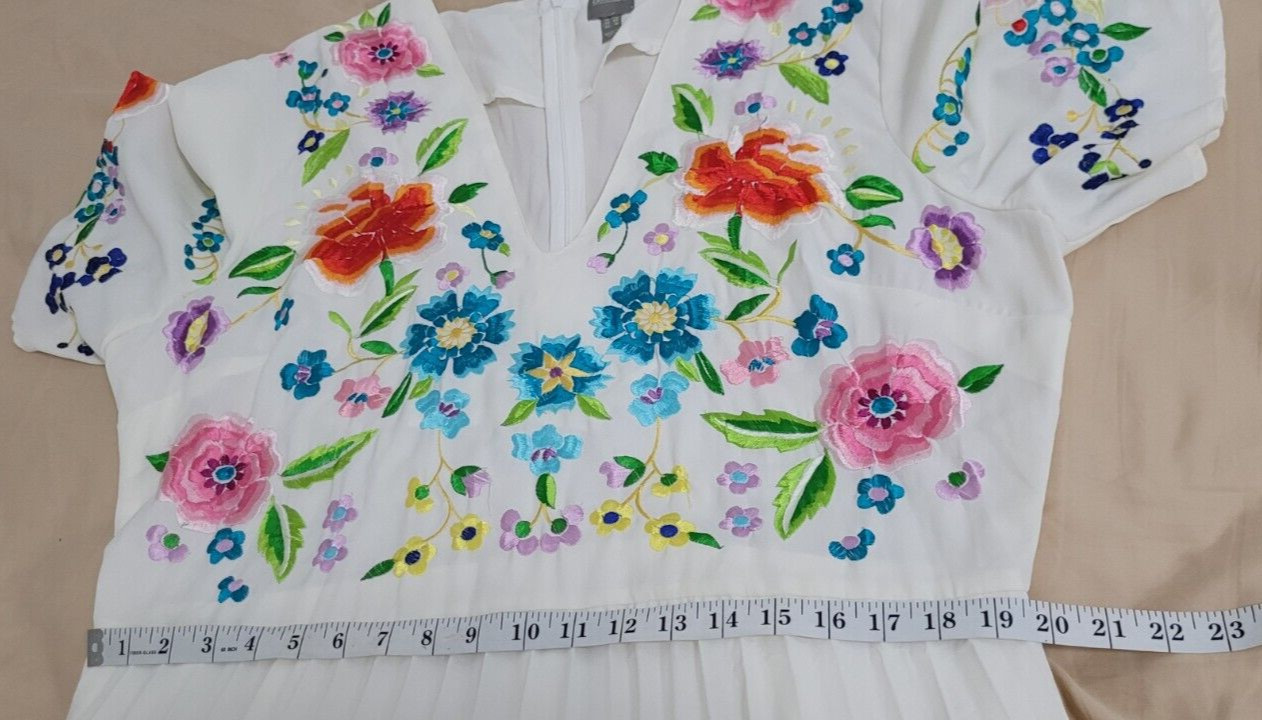 ASOS White Floral Embroidery Long A-Line V-Neck Flutter Sleeve Dress US 16/UK 20