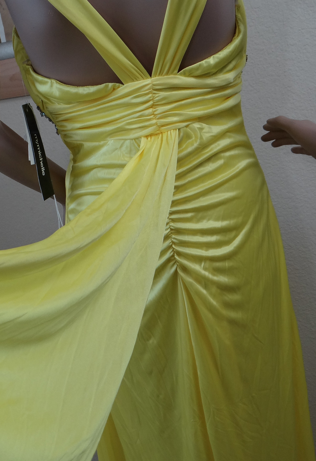 NEW W DEFECT MY MICHELLE wide strap yellow bead sweep train prom dress,jr 5,9
