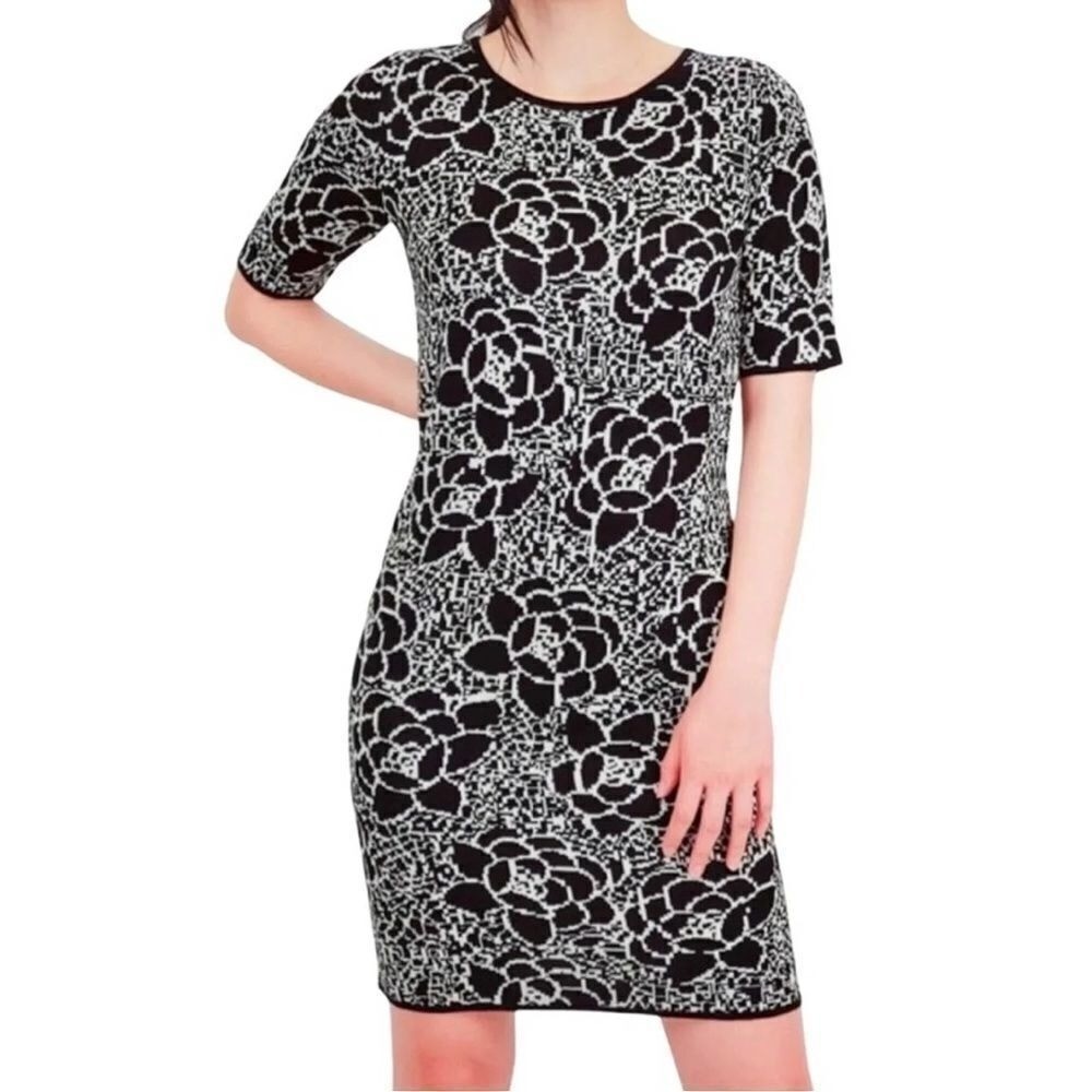 MAK Black And White Jacquard Floral Print Sweater Dress, Size S, NWT