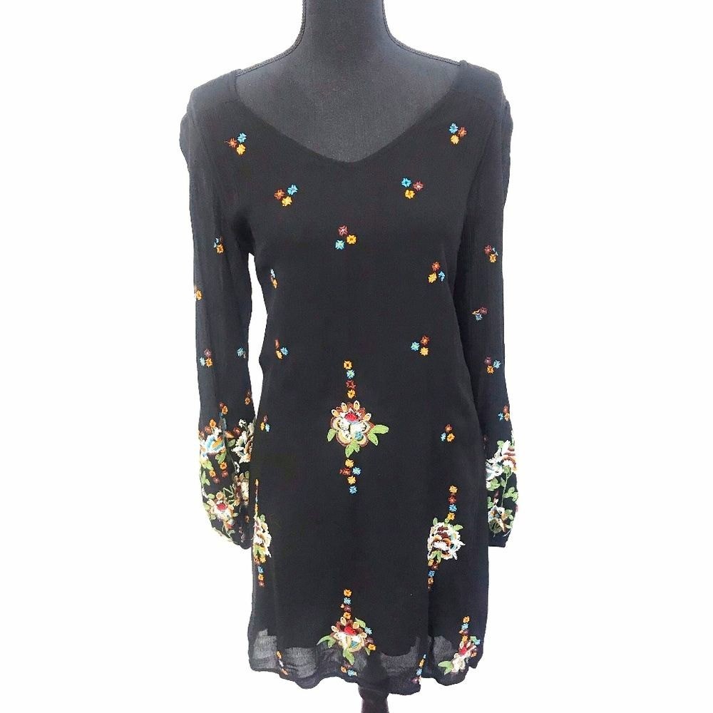 Free People Women Dress Embroidered Rhinestone Floral Long Sleeve Whimsigoth XS