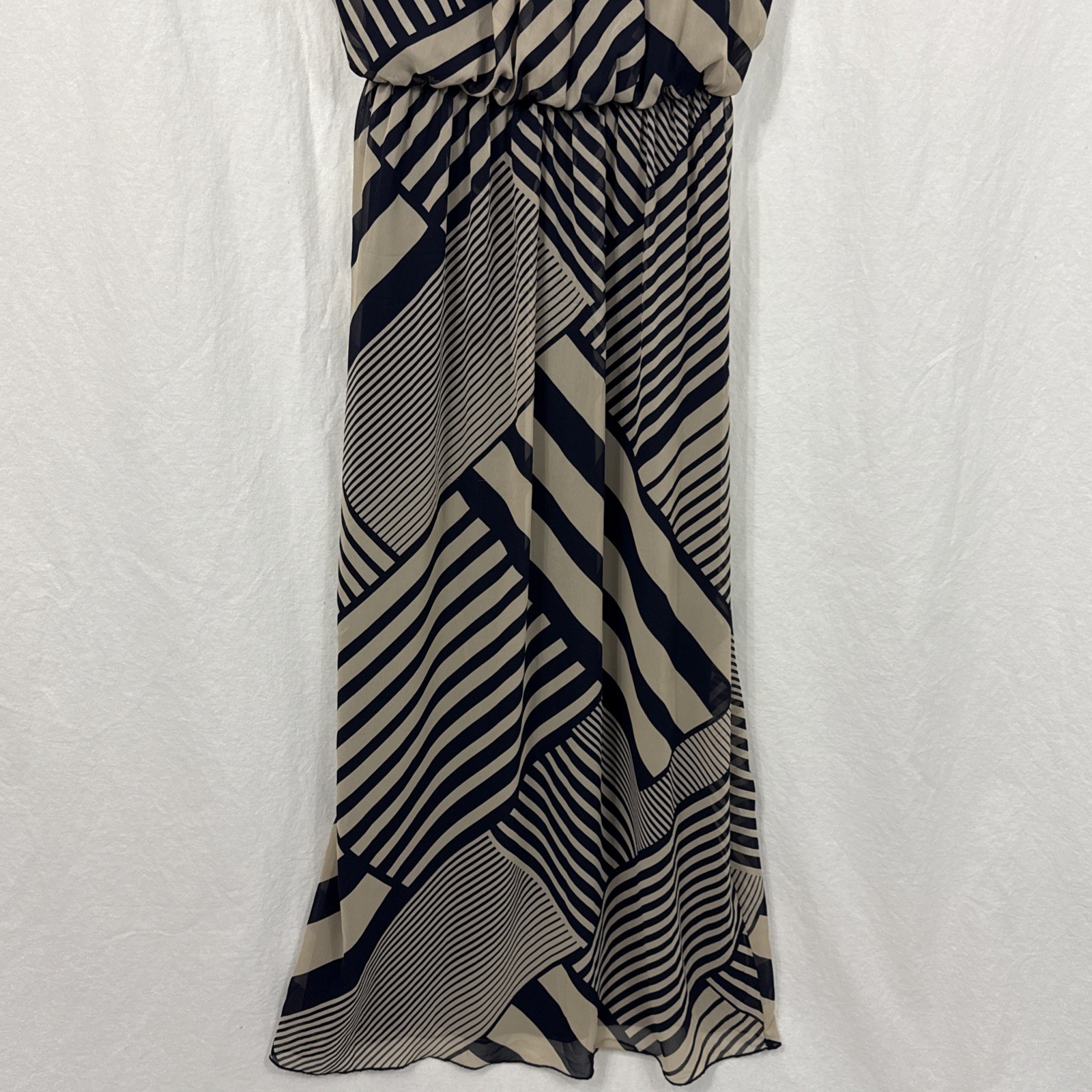 En Focus Studio Women’s Tan-Navy Blue Maxi Sleeveless Long Dress Geo Print Sz 8