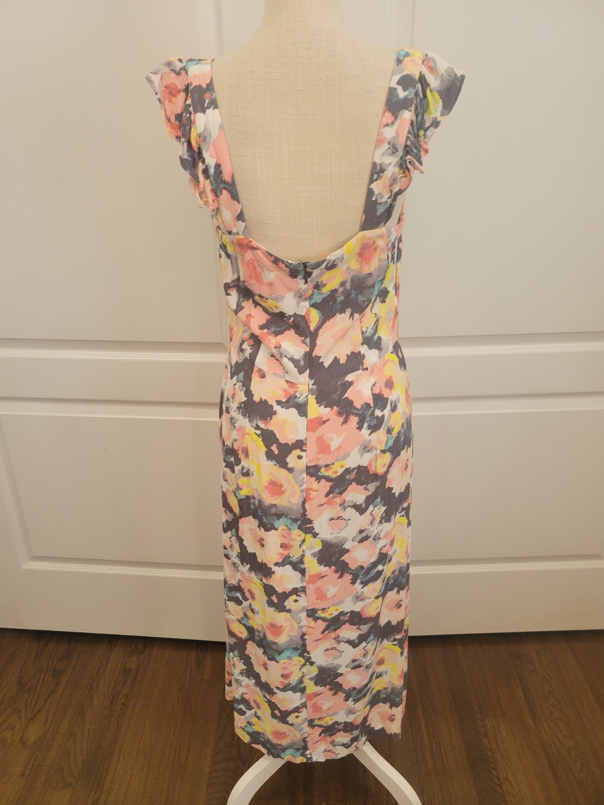 Gray Pink Floral Midi Dress Sleeveless Empire Waist Slit Lined Loft 8