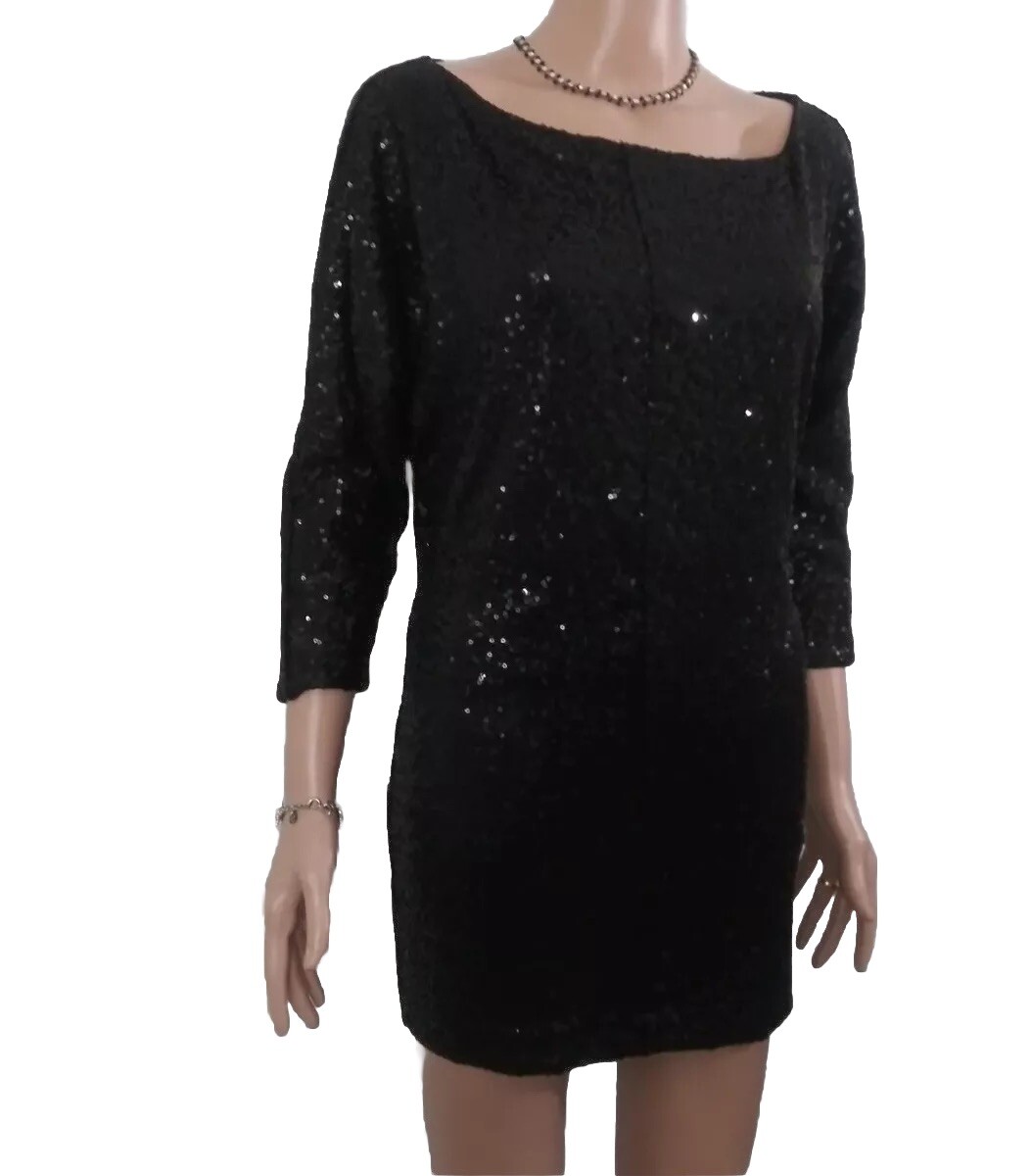 Black Sequin Dress (SIZE TAG MISSING) Bust 32in Length 30in Boat Neck 3/4 Sleeve