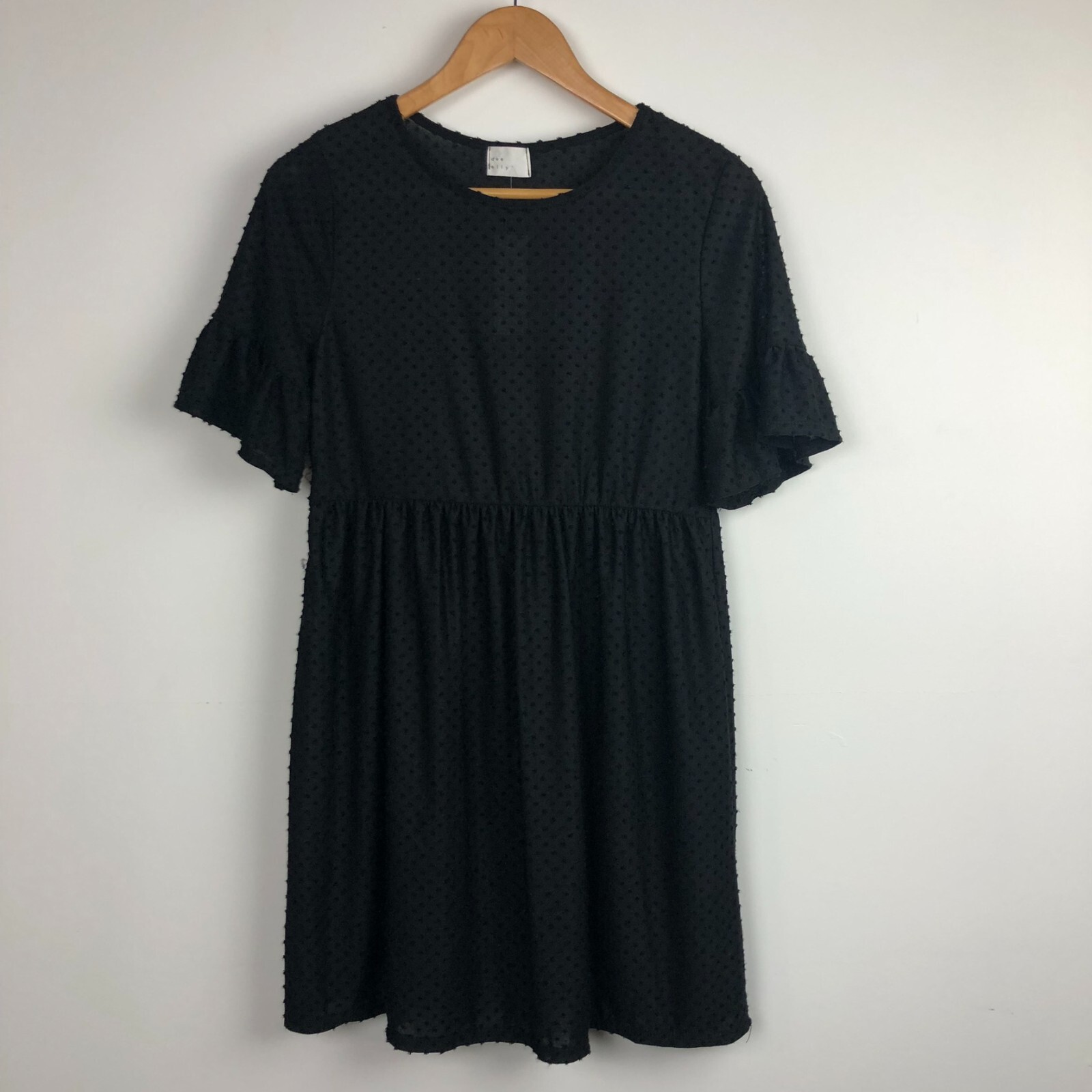 NWT Dee Elly Women’s Swiss Dot Bell Sleeve Dress Elastic Waist Black Size Medium