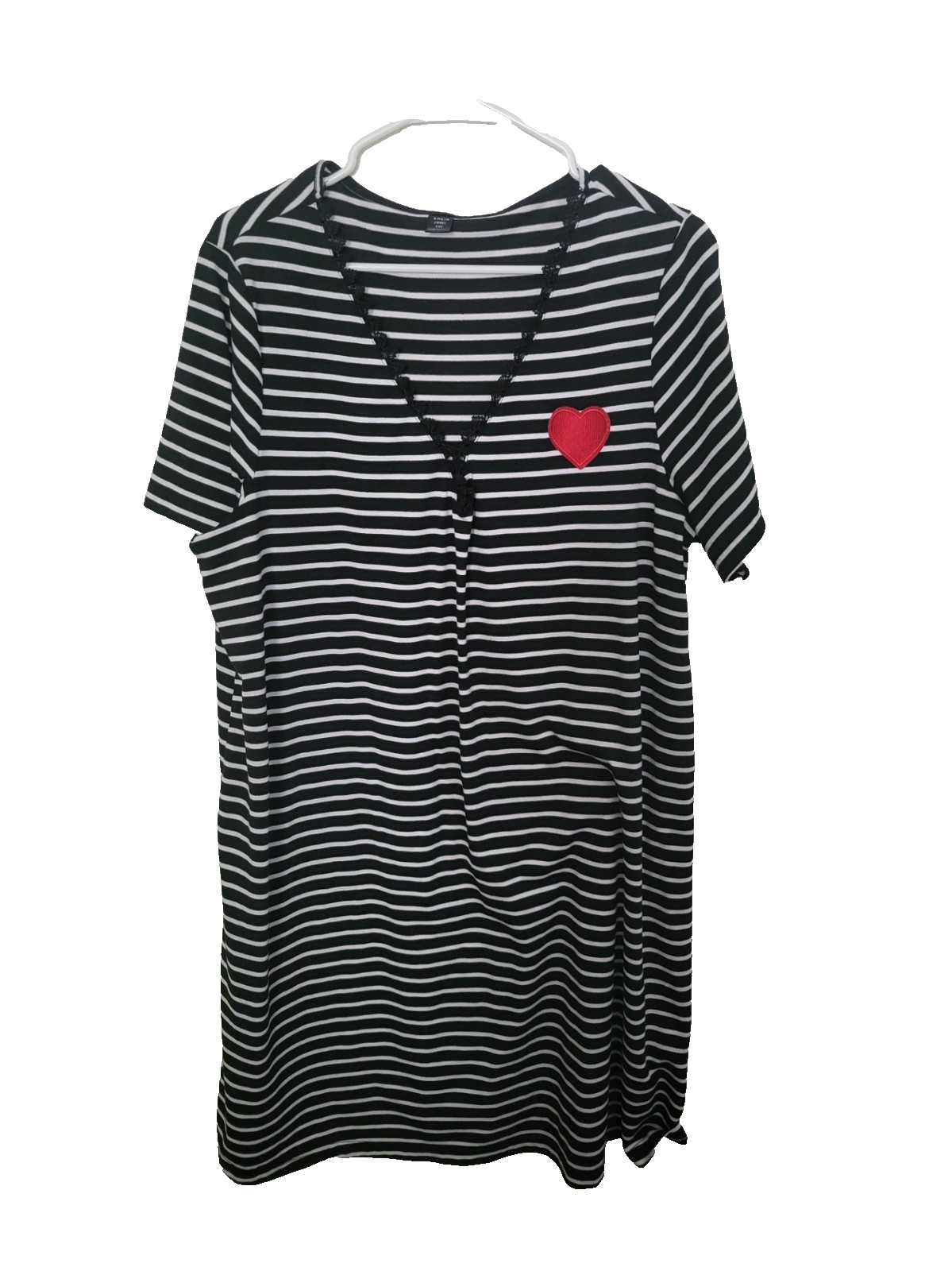 SHEIN Curve 1XL Black White Striped Heart Patch Short Sleeve Dress Plus