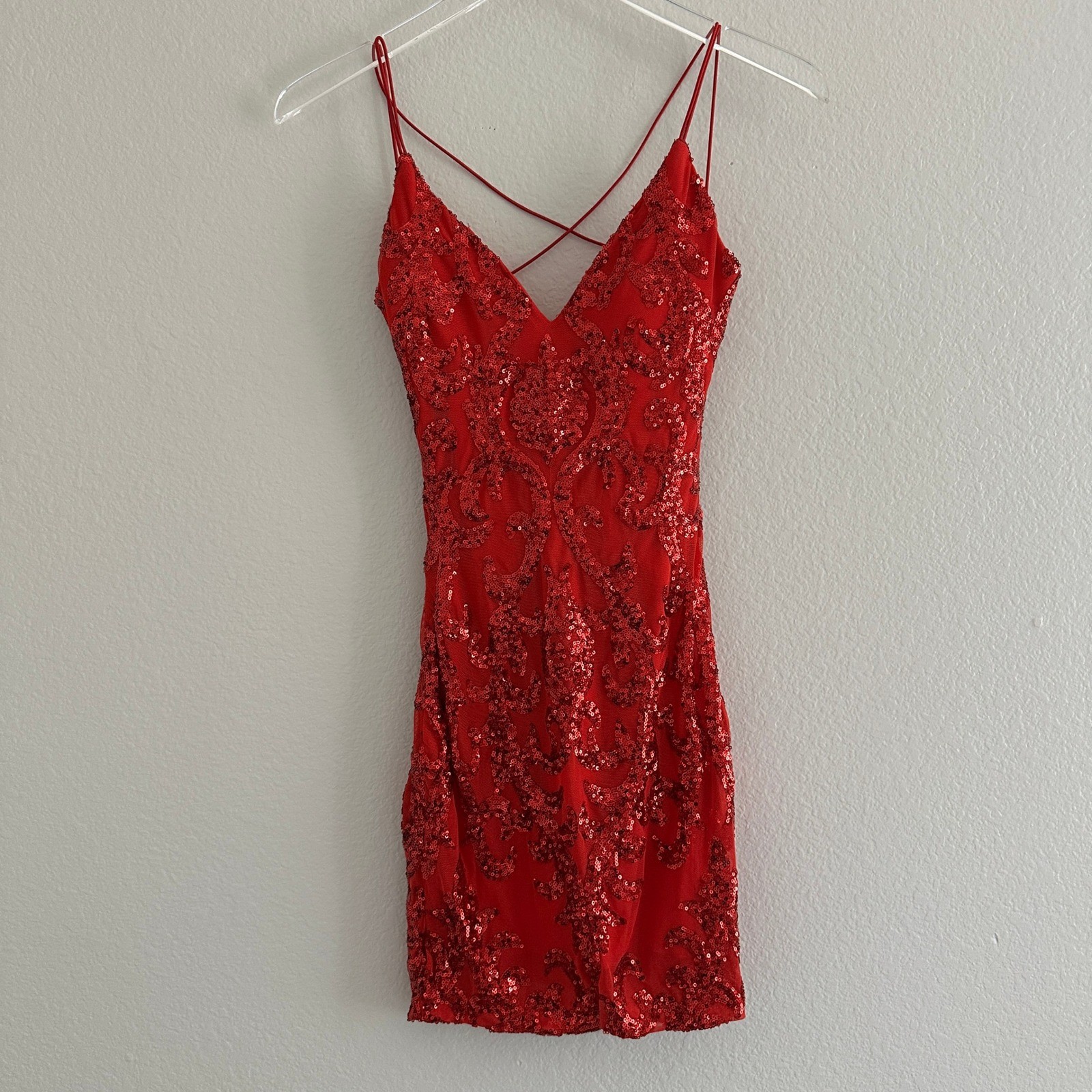 Windsor Sequin Mini Dress Women XS Red Damask Open Back Bodycon W3HTT998E