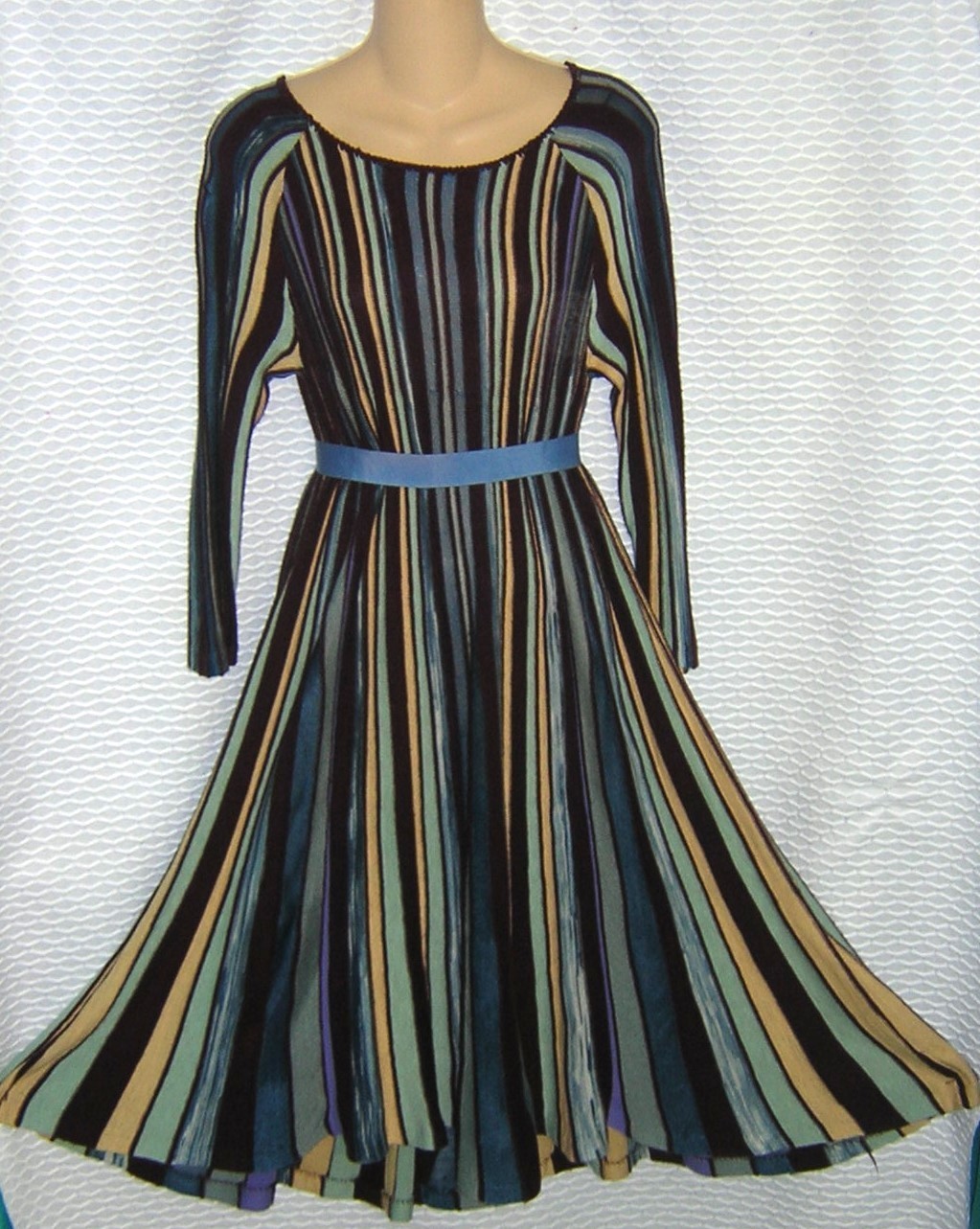 Women’s UNIQUE Blue Brown Cream STRIPED CUT FABRIC Cotton Blend DRESS S/M