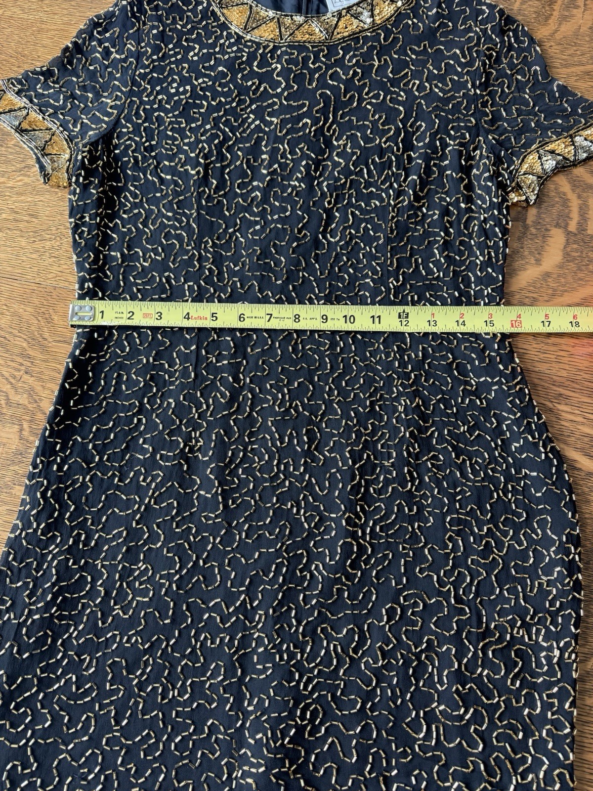 AJ Bari Mini Dress Size 12 Sequin 100% SILK Black and Gold Beaded Vintage
