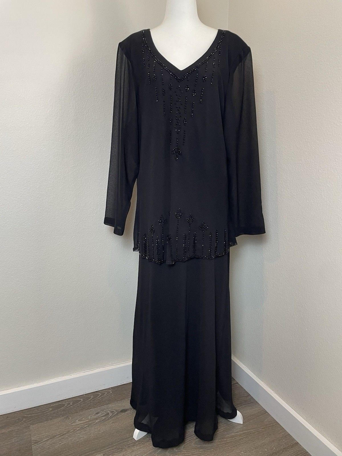 Ultra Dress New York Black Beaded Evening Gown Wedding Party Sheer Flowy-14w