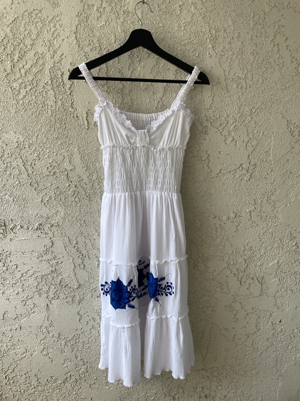 Vintage El Salvador Embroidered White Midi Dress Gauze Smocked Cottagecore Small
