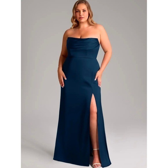 Azazie Strapless Navy Blue Column Gown with High Side Slit
