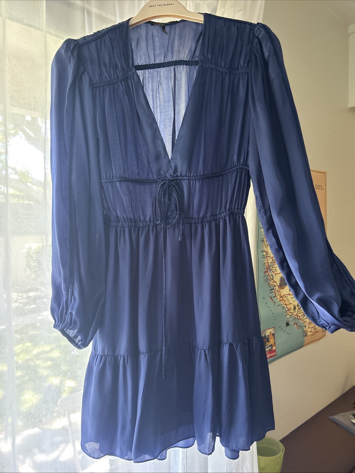Maje Mini Dress Navy Blue Long Sleeve V-Neck Silky Women Size 38 FR / 2-4 US