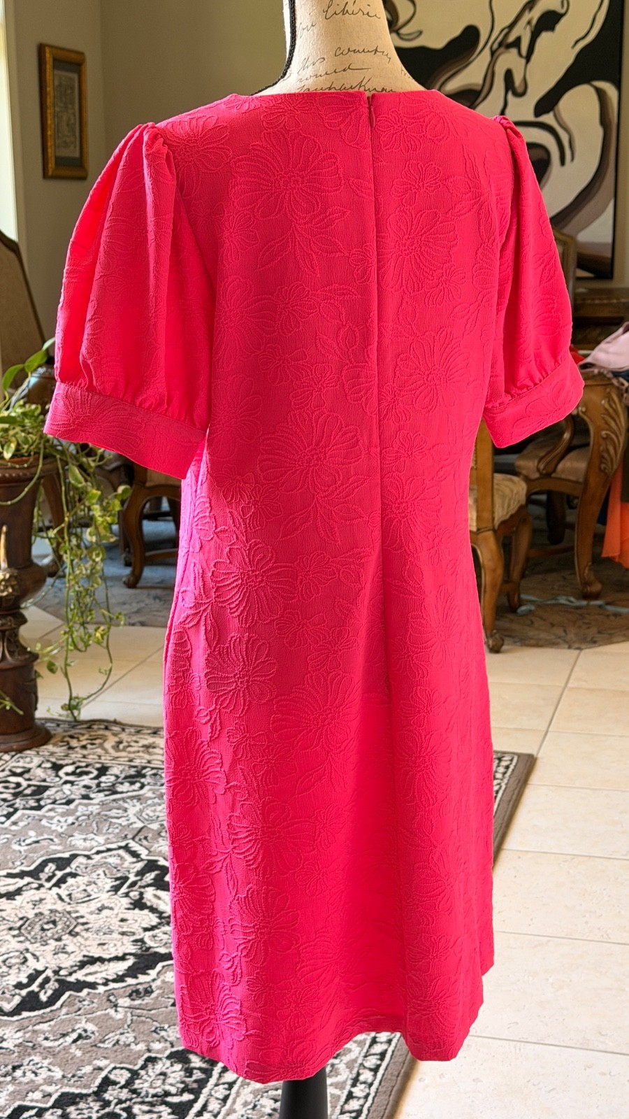 NWT Tommy Hilfiger Blossom Jacquard Puff Sleeve Dress Pink V-Neck Sz 12 Floral