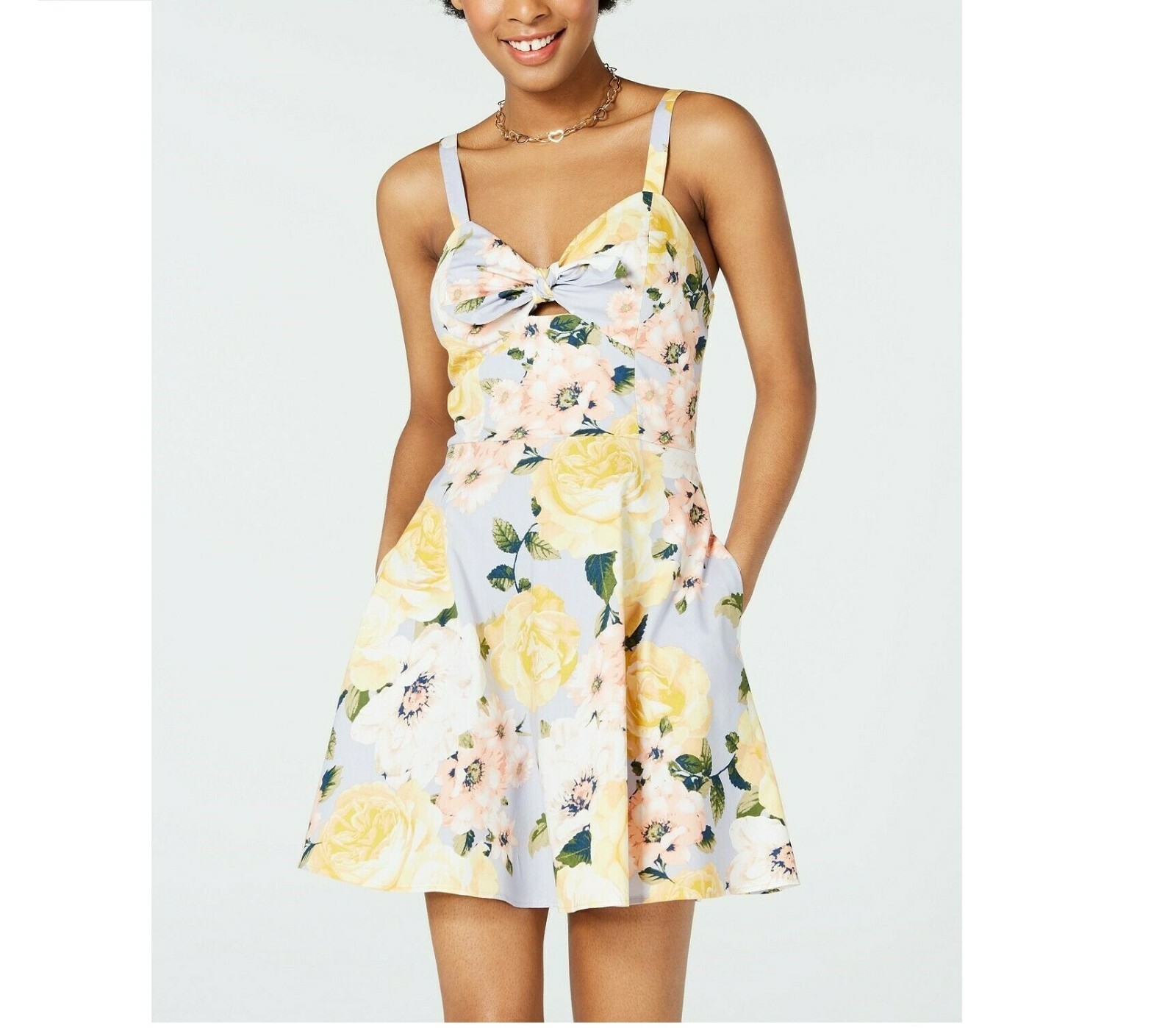 Speechless Junior Womens 3 Yellow Sleeveless Pocket Floral Fit Flare Dress NWT