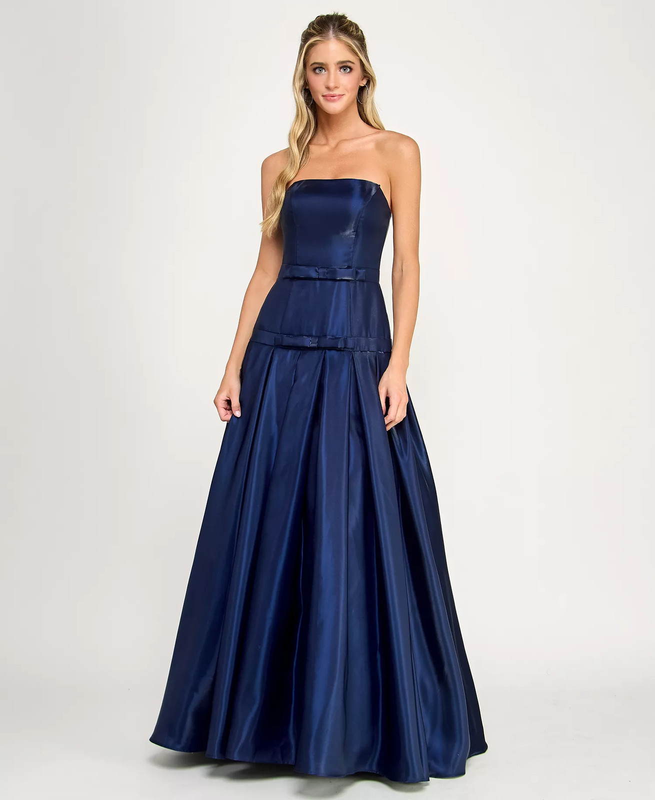 Say Yes Juniors Strapless Ball Gown Dress Navy Bow Pleated Size 0 Formal Prom