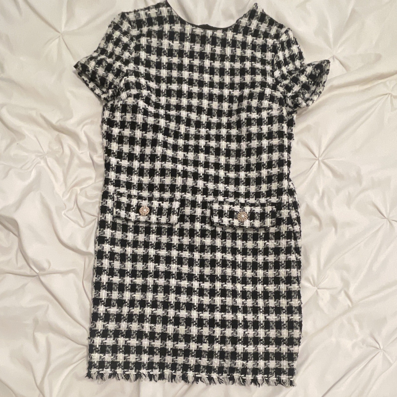 BeBop Juniors 7/8 Black/White Houndstooth Tweed Shift Dress Fringe Zip